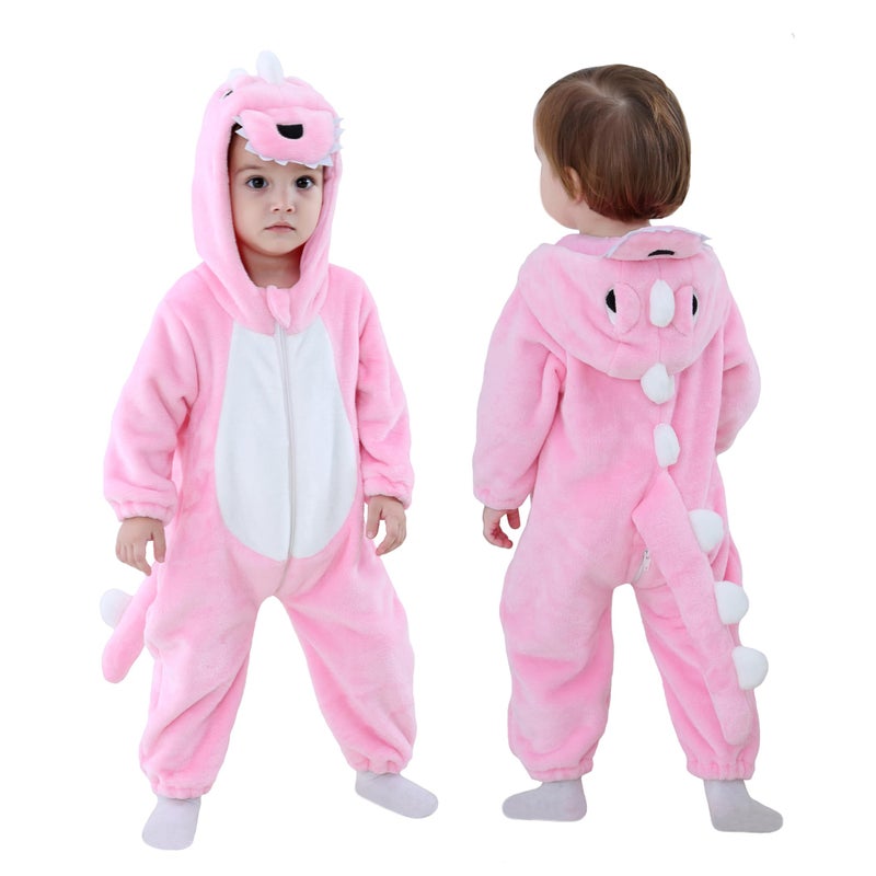 TONWHAR Kids' And Toddlers' Infant Tiger Dinosaur Animal Fancy Dress Costume Outfit Hooded Romper Jumpsuit (2-3 Months/Height:21"-23",Pink Dinosaur) - Image 1